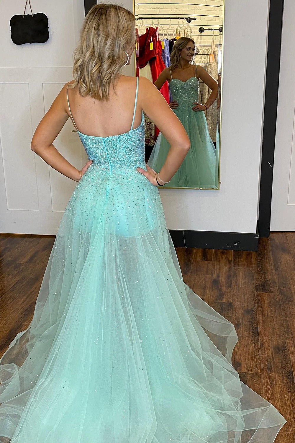 Light Green Prom Dress Sequined Spaghetti Straps A Line Evening Dress