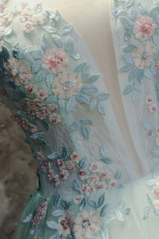 Light Green Prom Dress Tulle Lace Long Sweet 16 Dress Evening Dress