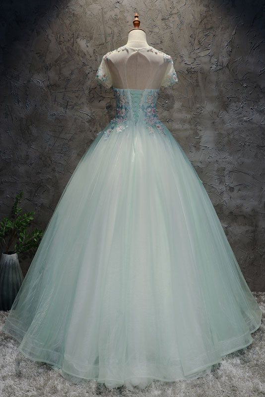 Light Green Prom Dress Tulle Lace Long Sweet 16 Dress Evening Dress