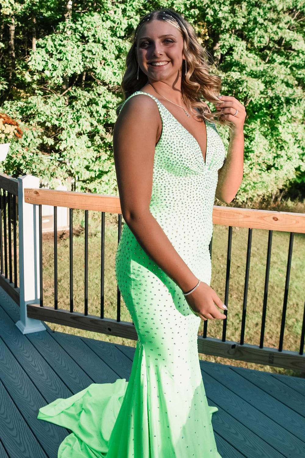 Light Green Prom Dress V neck Sequins Mermaid Evening Dress