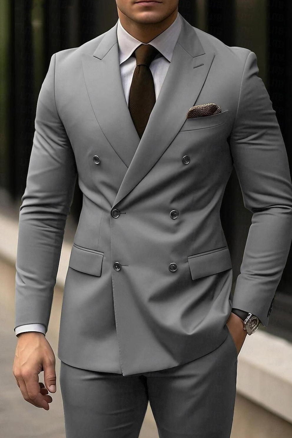 Light Grey Men's Double Breasted 6-Button Tailored 2-Piece Wedding Suit