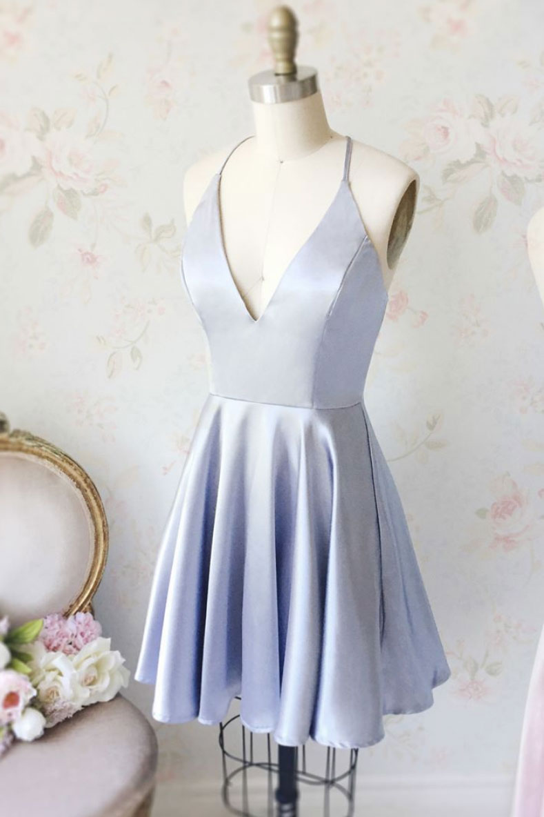 Light Homecoming Dress Blue V Neck Short Party Cocktail Dress