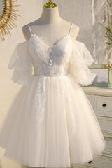 Light Homecoming Dress Champagne Tulle Lace Short Party Cocktail Dress