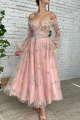 Light Pink Prom Dress A Line Off the Shoulder Evening Dress With Embroidery