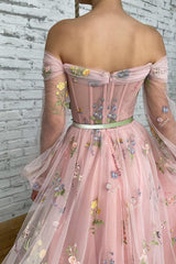 Light Pink Prom Dress A Line Off the Shoulder Evening Dress With Embroidery