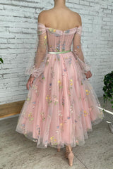 Light Pink Prom Dress A Line Off the Shoulder Evening Dress With Embroidery