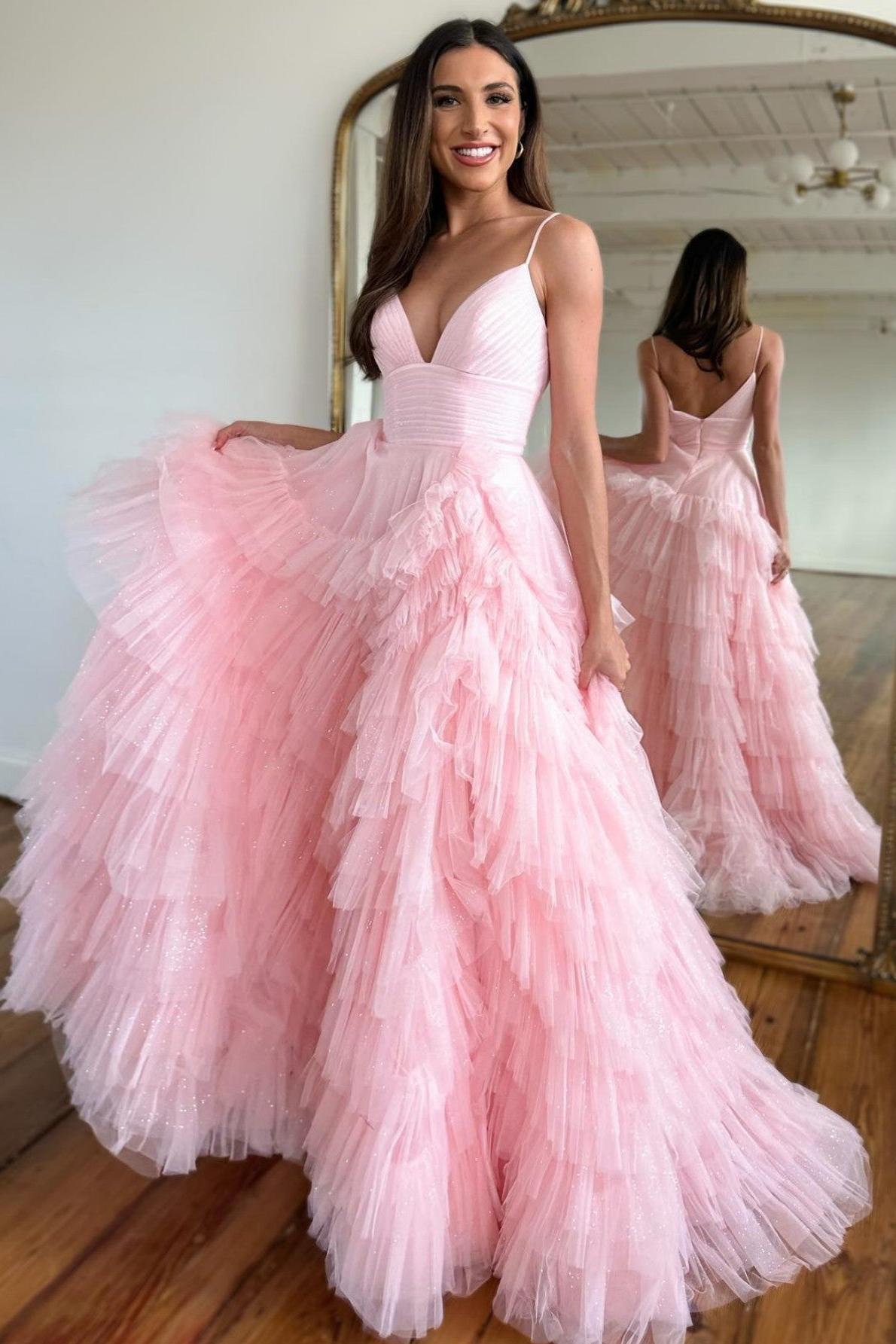 Light Pink Prom Dress A Line Tiered Spaghetti Straps Tulle Evening Dress