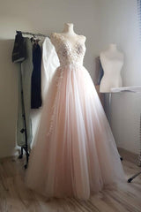 Light Pink Prom Dress Tulle Lace Long Formal Dress Evening Dress