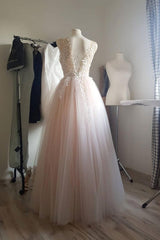 Light Pink Prom Dress Tulle Lace Long Formal Dress Evening Dress