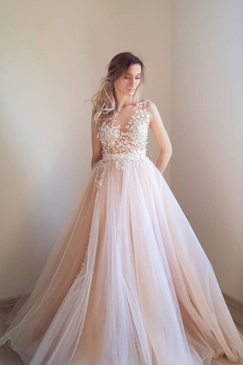 Light Pink Prom Dress Tulle Lace Long Formal Dress Evening Dress