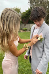 Dressystars Light Pink Satin Spaghetti Strap Ruched Bust Prom Dress With High Leg Slit Formal Evening Gown