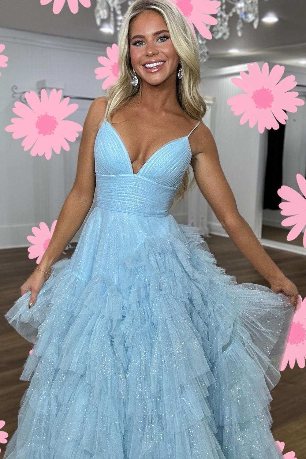 Light Pink Prom Dress A Line Tiered Spaghetti Straps Tulle Evening Dress