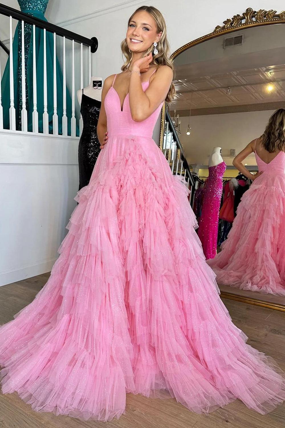 Light Pink Prom Dress A Line Tiered Spaghetti Straps Tulle Evening Dress