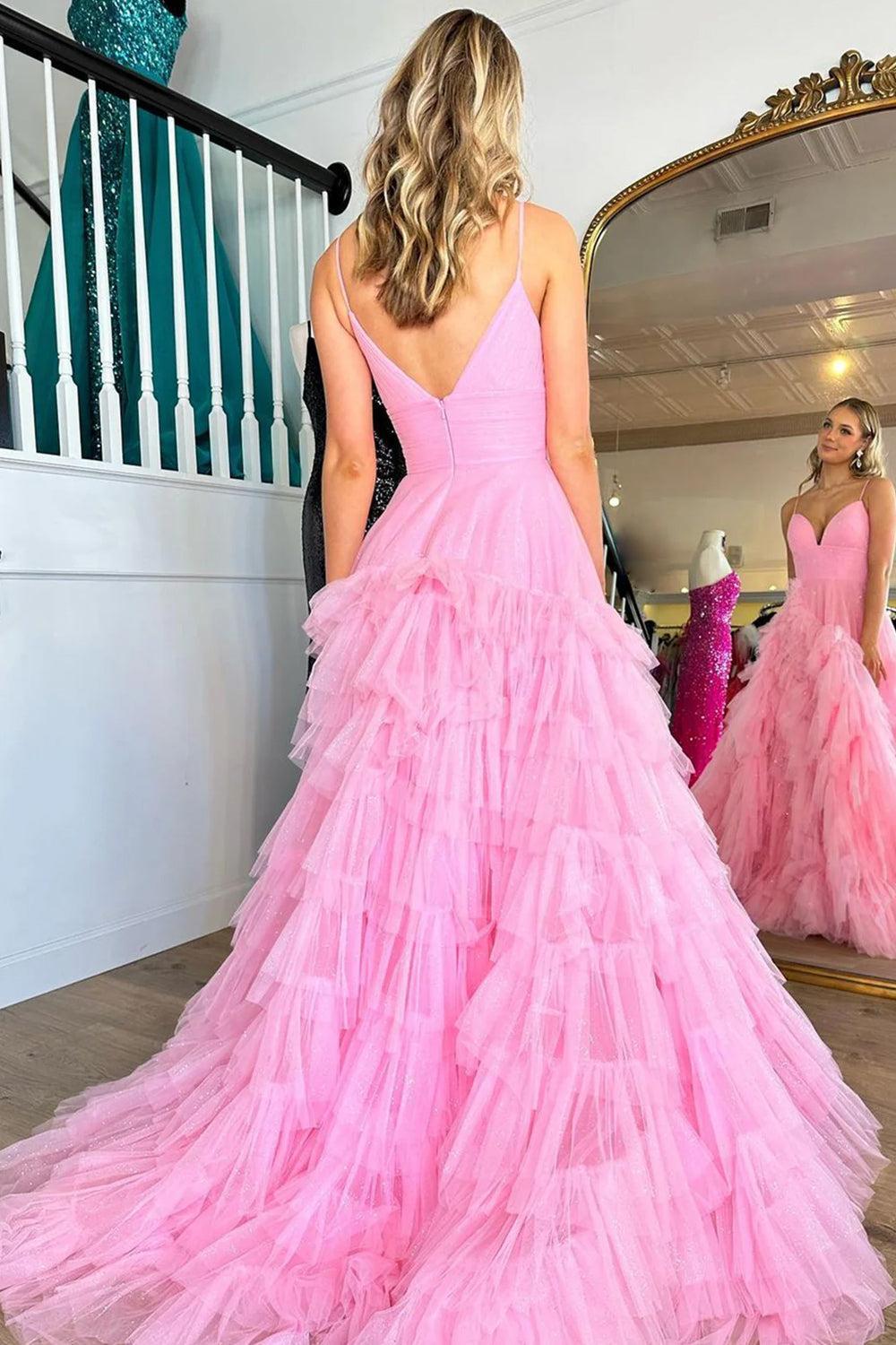 Light Pink Prom Dress A Line Tiered Spaghetti Straps Tulle Evening Dress