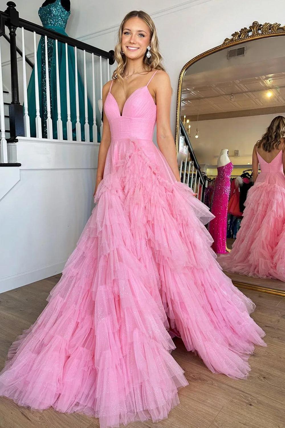 Light Pink Prom Dress A Line Tiered Spaghetti Straps Tulle Evening Dress