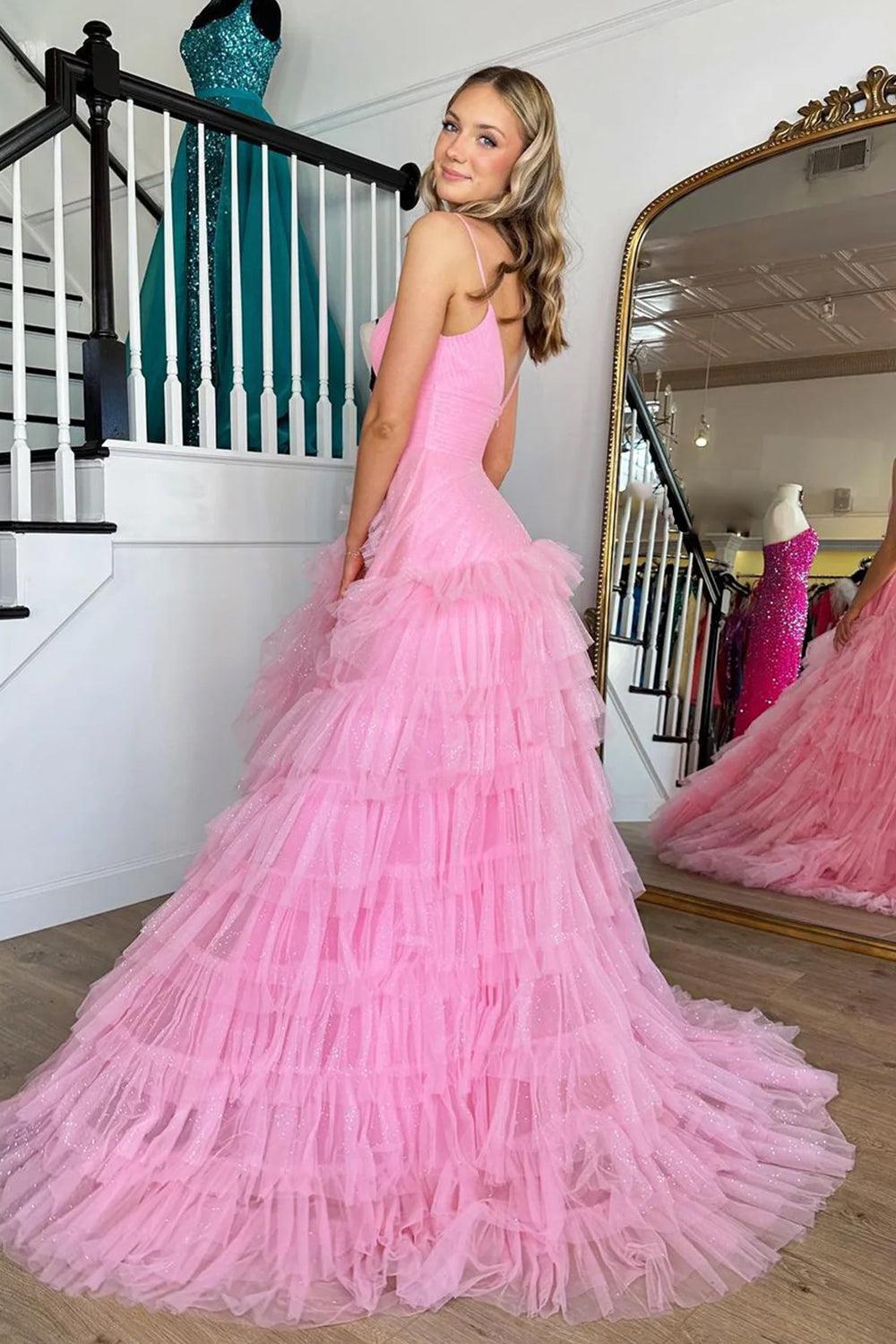 Light Pink Prom Dress A Line Tiered Spaghetti Straps Tulle Evening Dress