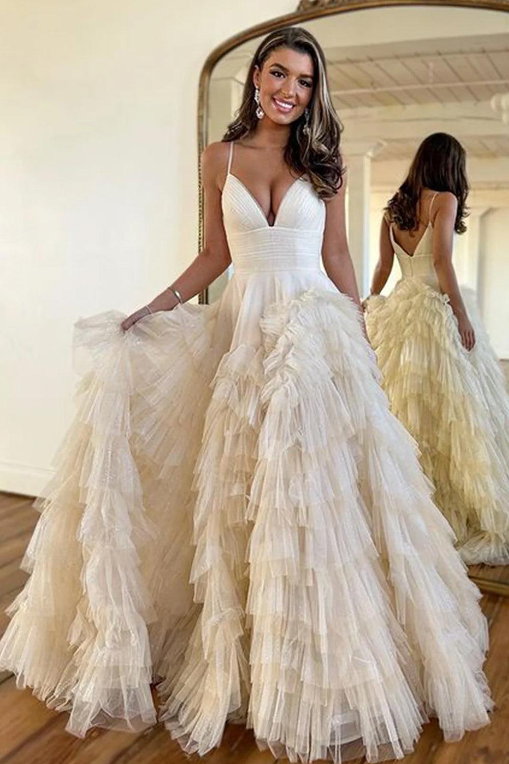 Light Pink Prom Dress A Line Tiered Spaghetti Straps Tulle Evening Dress