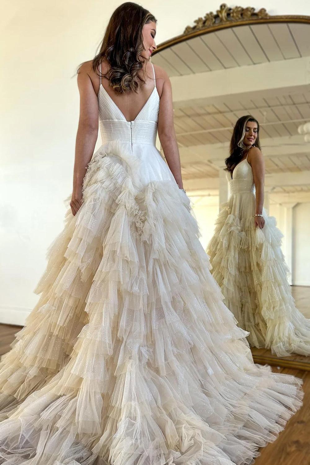 Light Pink Prom Dress A Line Tiered Spaghetti Straps Tulle Evening Dress