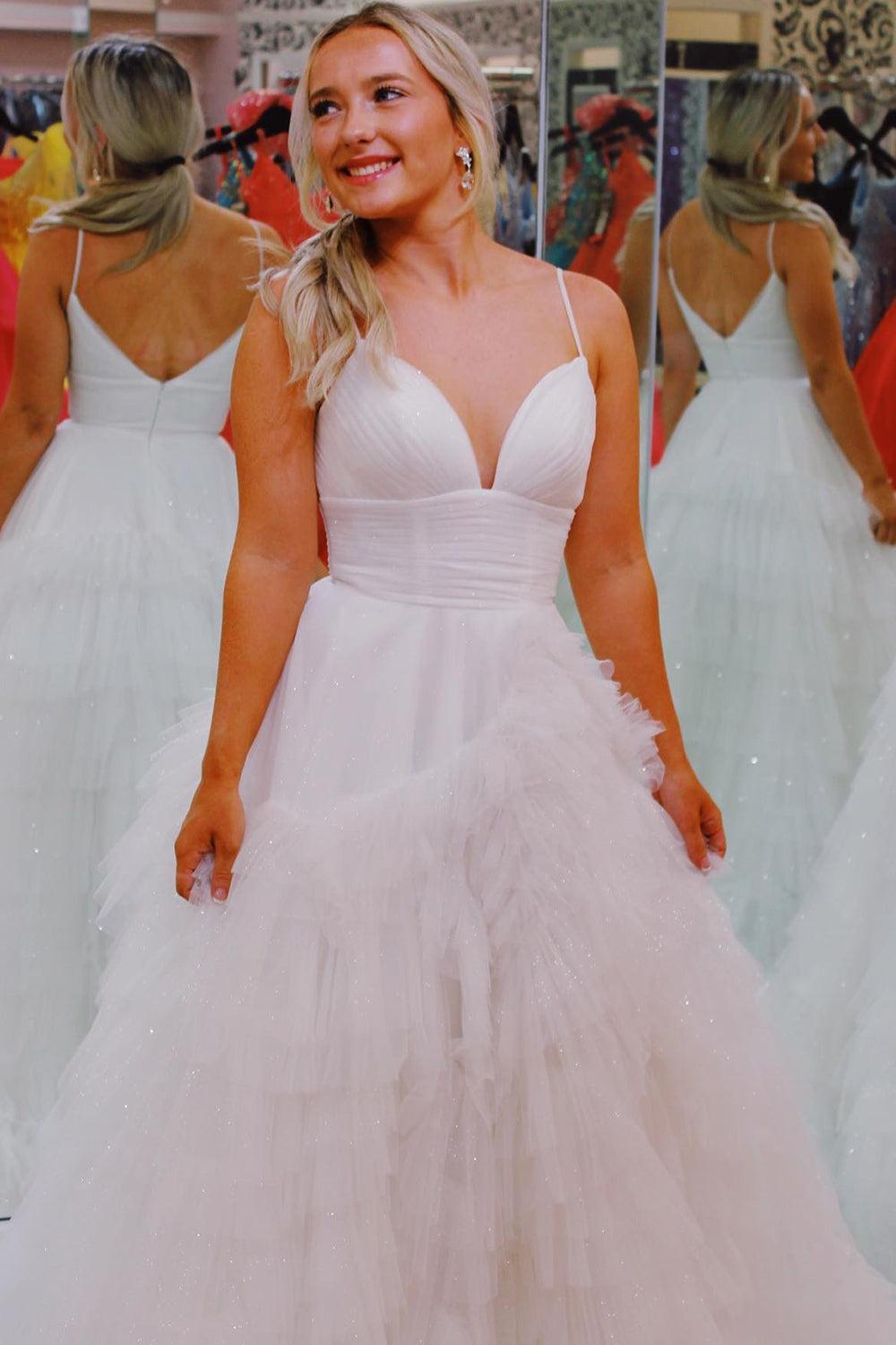 Light Pink Prom Dress A Line Tiered Spaghetti Straps Tulle Evening Dress