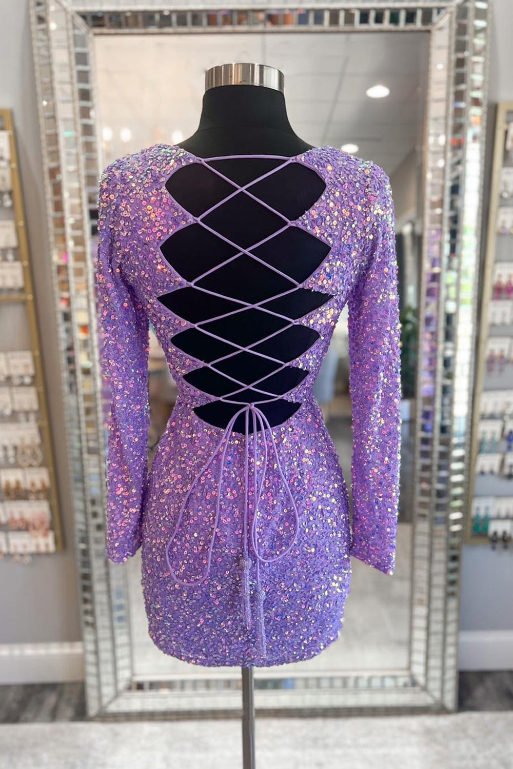 Light Purple Homecoming Dresses Sequin Tight Short Cocktail Dresses With Long Sleeves