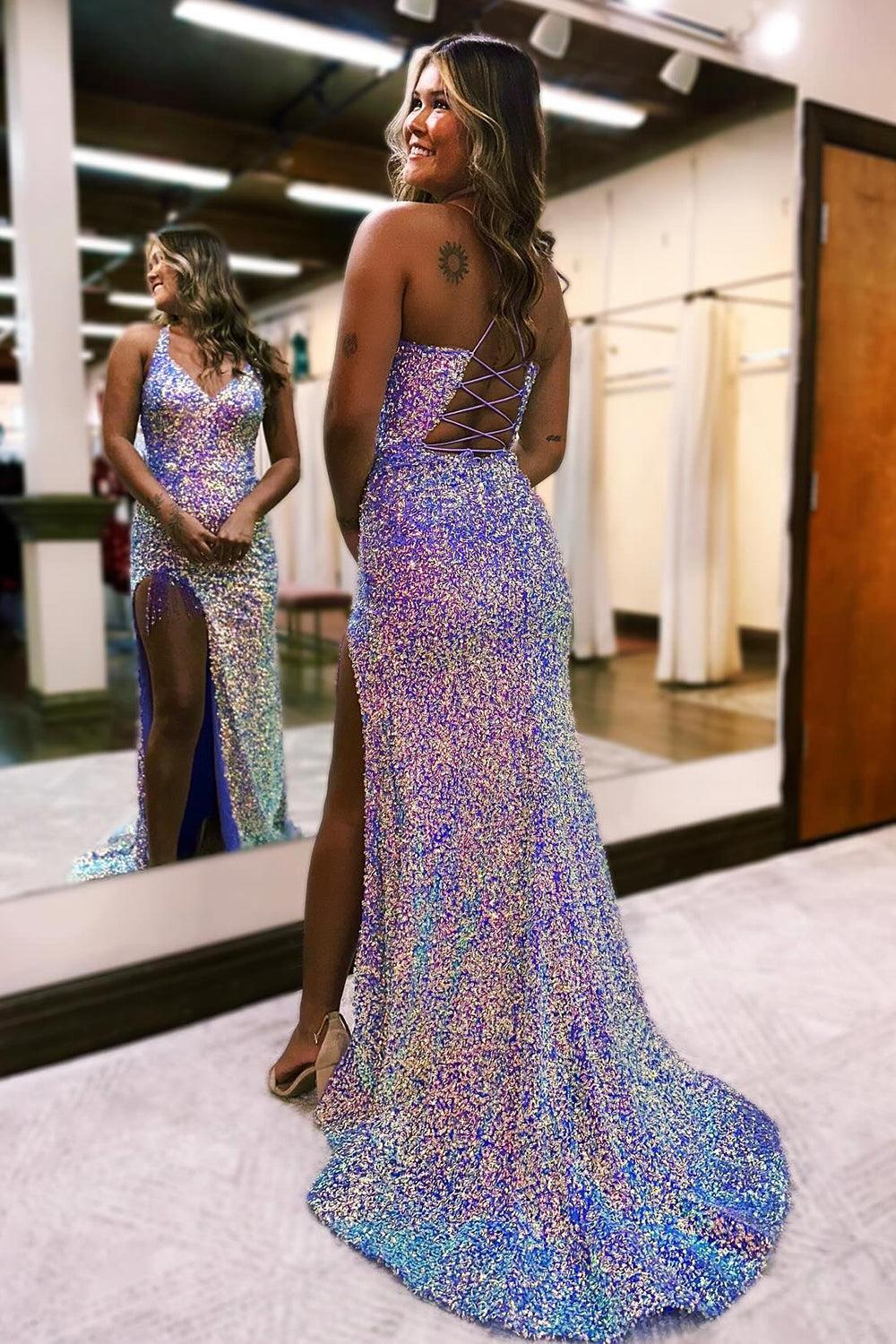 Light Purple Lace-Up Back Sequin Long Prom Dress with Fringes