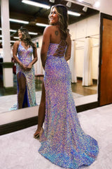 Light Purple Lace-Up Back Sequin Long Prom Dress with Fringes