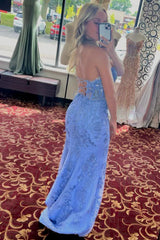 Light Purple Prom Dress Sweetheart Lace Up Long Mermaid Evening Dress with Appliques