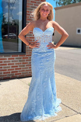 Light Purple Prom Dress Sweetheart Lace Up Long Mermaid Evening Dress with Appliques