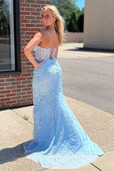 Light Purple Prom Dress Sweetheart Lace Up Long Mermaid Evening Dress with Appliques