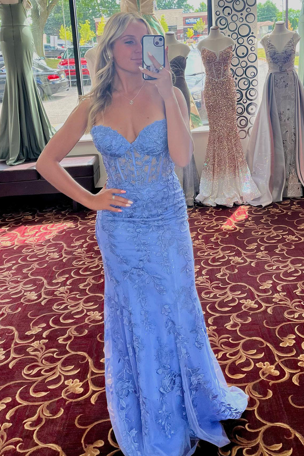 Light Purple Prom Dress Sweetheart Lace Up Long Mermaid Evening Dress with Appliques