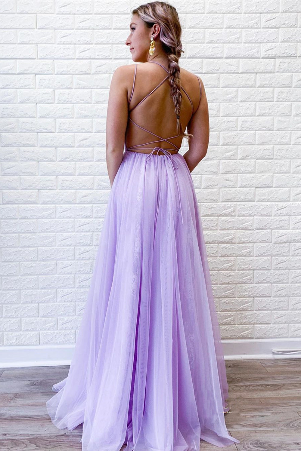 Light Purple Prom Dress Tulle Evening Dress with Lace