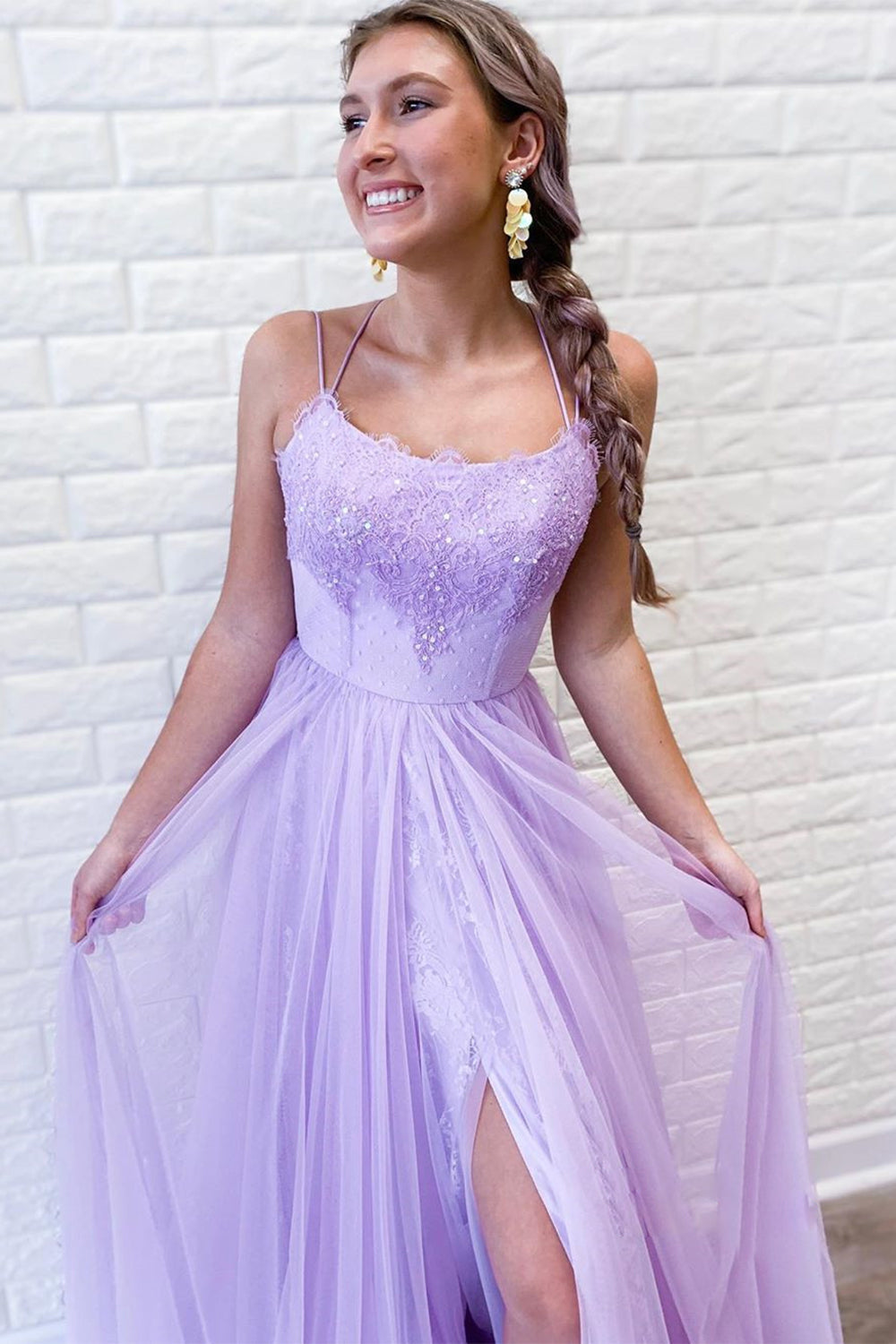 Light Purple Prom Dress Tulle Evening Dress with Lace