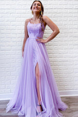 Light Purple Prom Dress Tulle Evening Dress with Lace