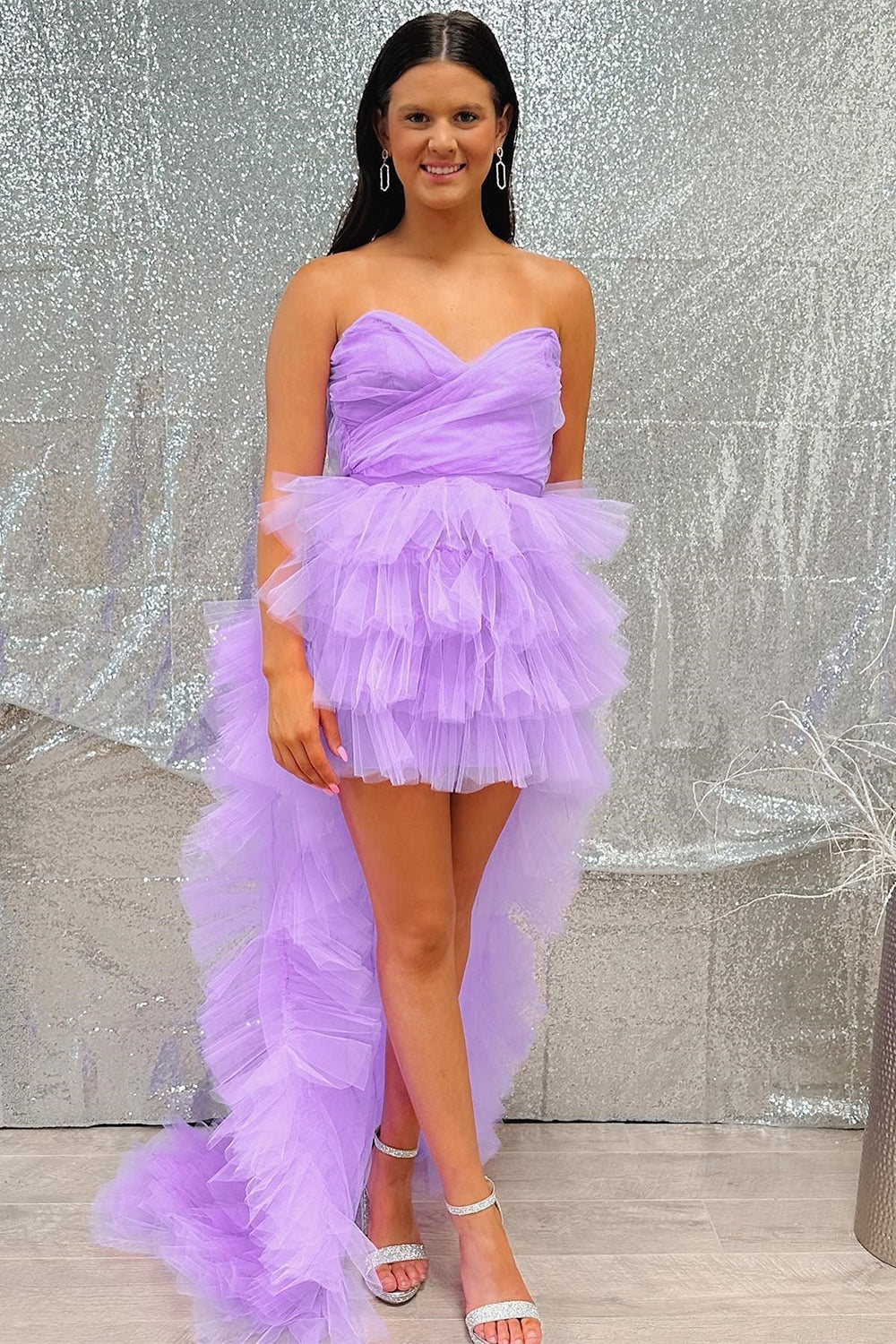 Lilac Homecoming Dress Tulle Strapless High Low with ruffle edgeShort Party Cocktail Dress