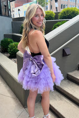 Lilac Homecoming Dress V-Neck A-Line Halter Tiered Short Prom Dress With Bow