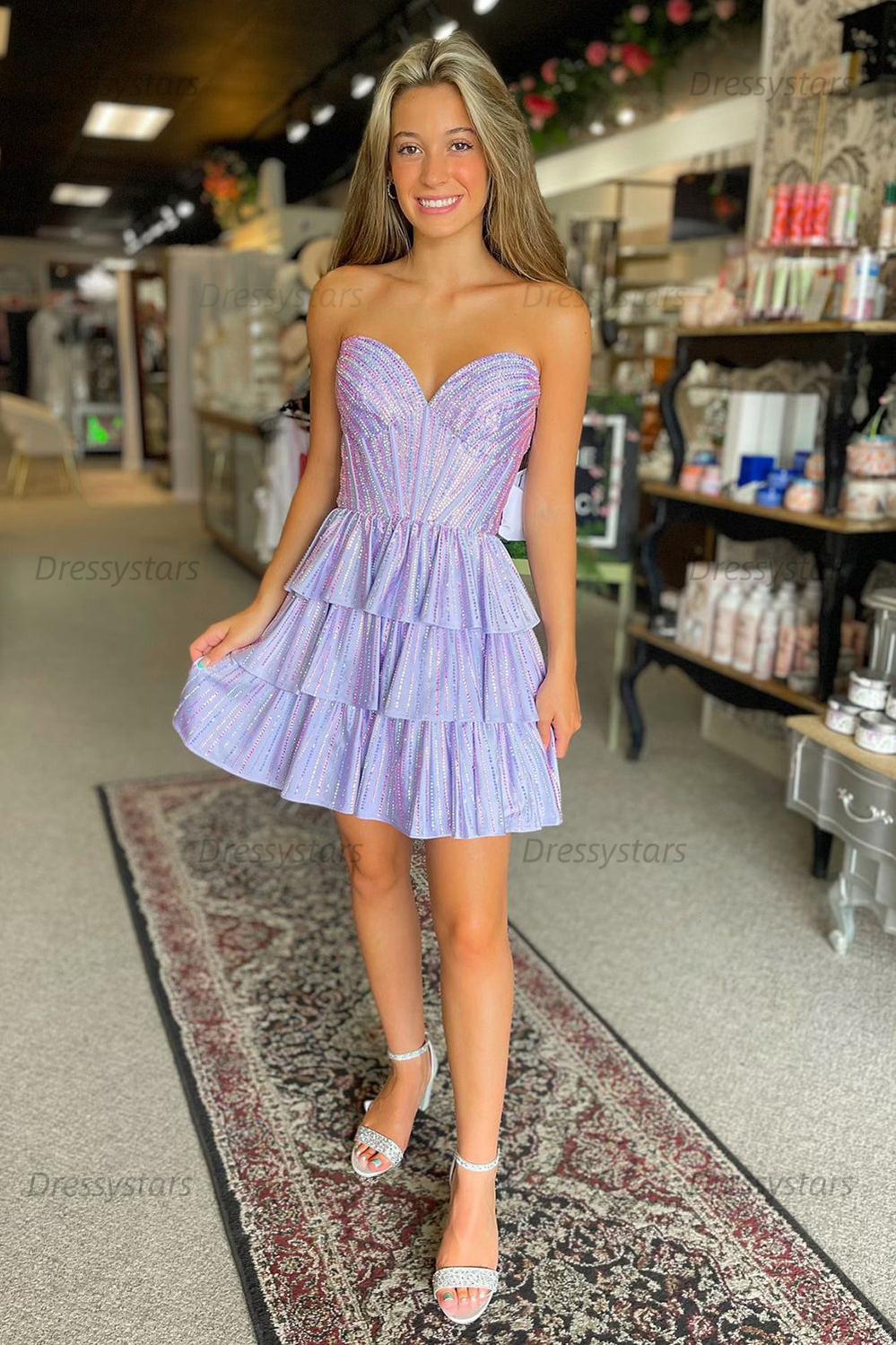 Lilac Homecoming Dresses Pink Homecoming Dresses A Line Corset Strapless Tiered Short Cocktail Dresses