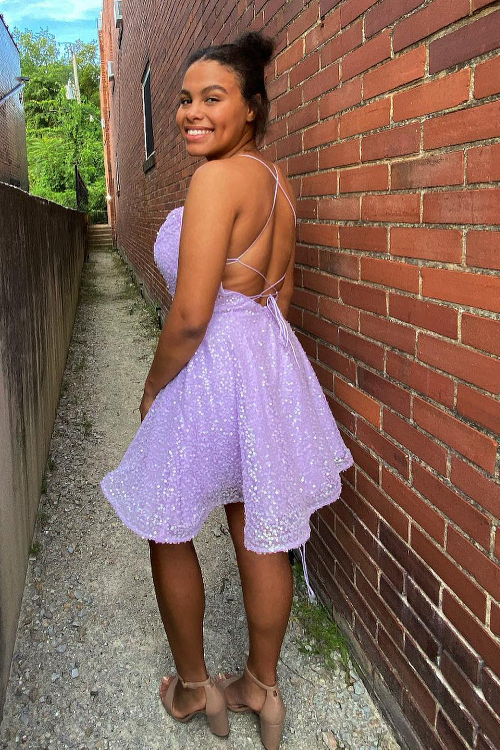 Lilac Homecoming Dresses Sequin Cocktail Dresses with Criss Cross Back