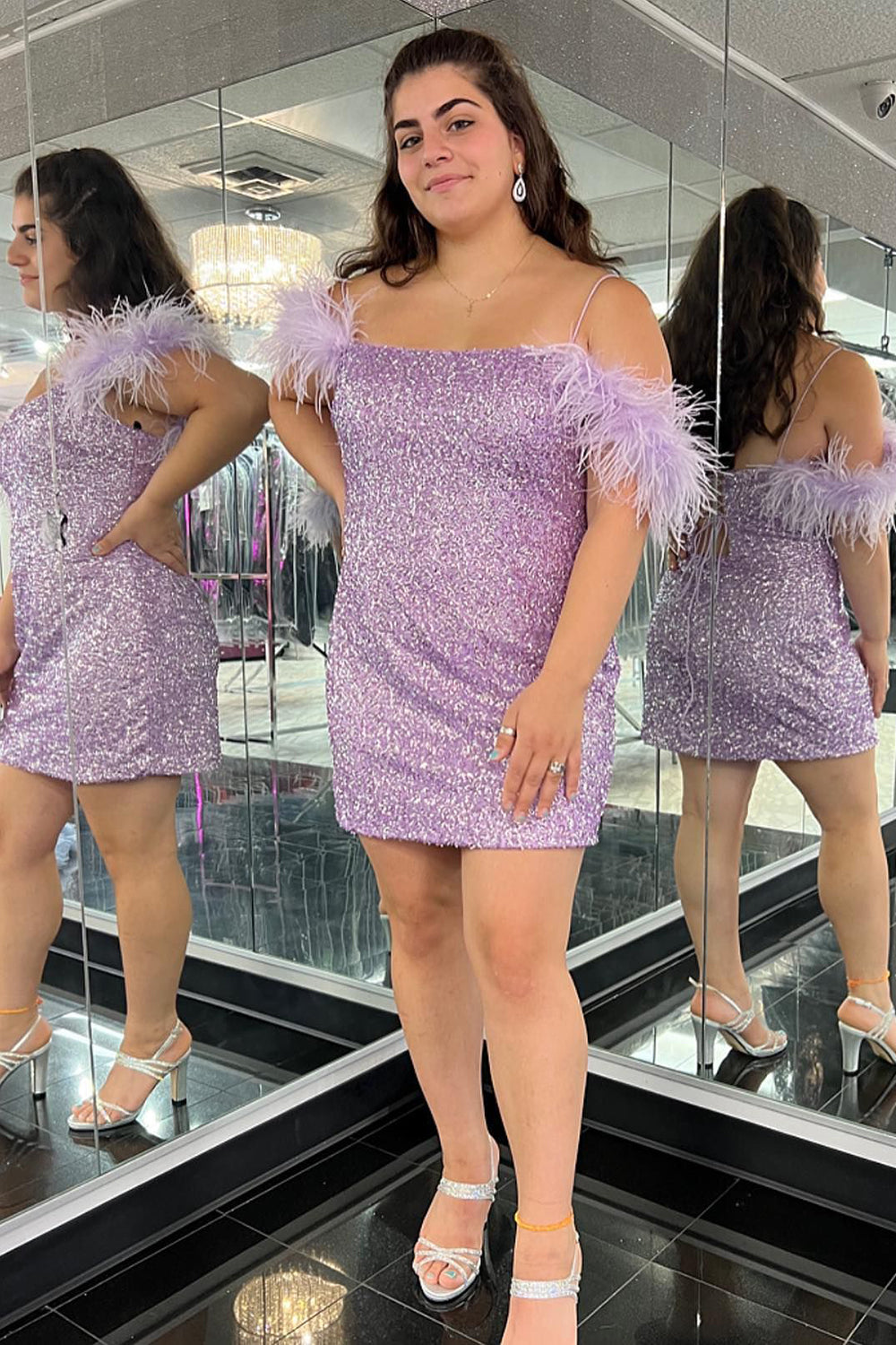 Lilac Homecoming Dresses Sequin Tight Short Cocktail Dresses with Feathers