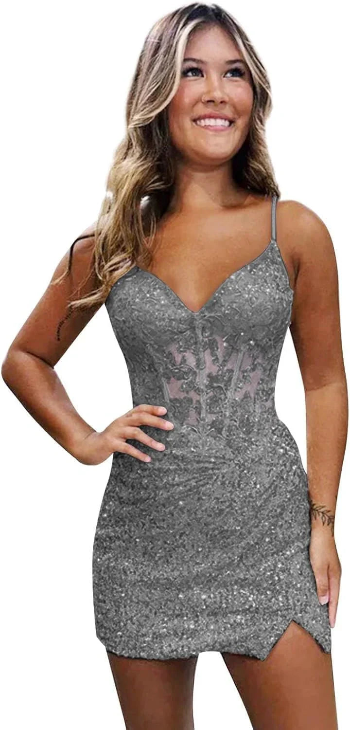 Lilac Homecoming Dresses Spaghetti Straps Sequin Corset Tight Short Cocktail Dresses