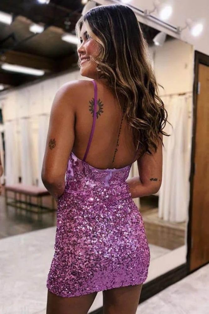 Lilac Homecoming Dresses Spaghetti Straps Sequin Corset Tight Short Cocktail Dresses