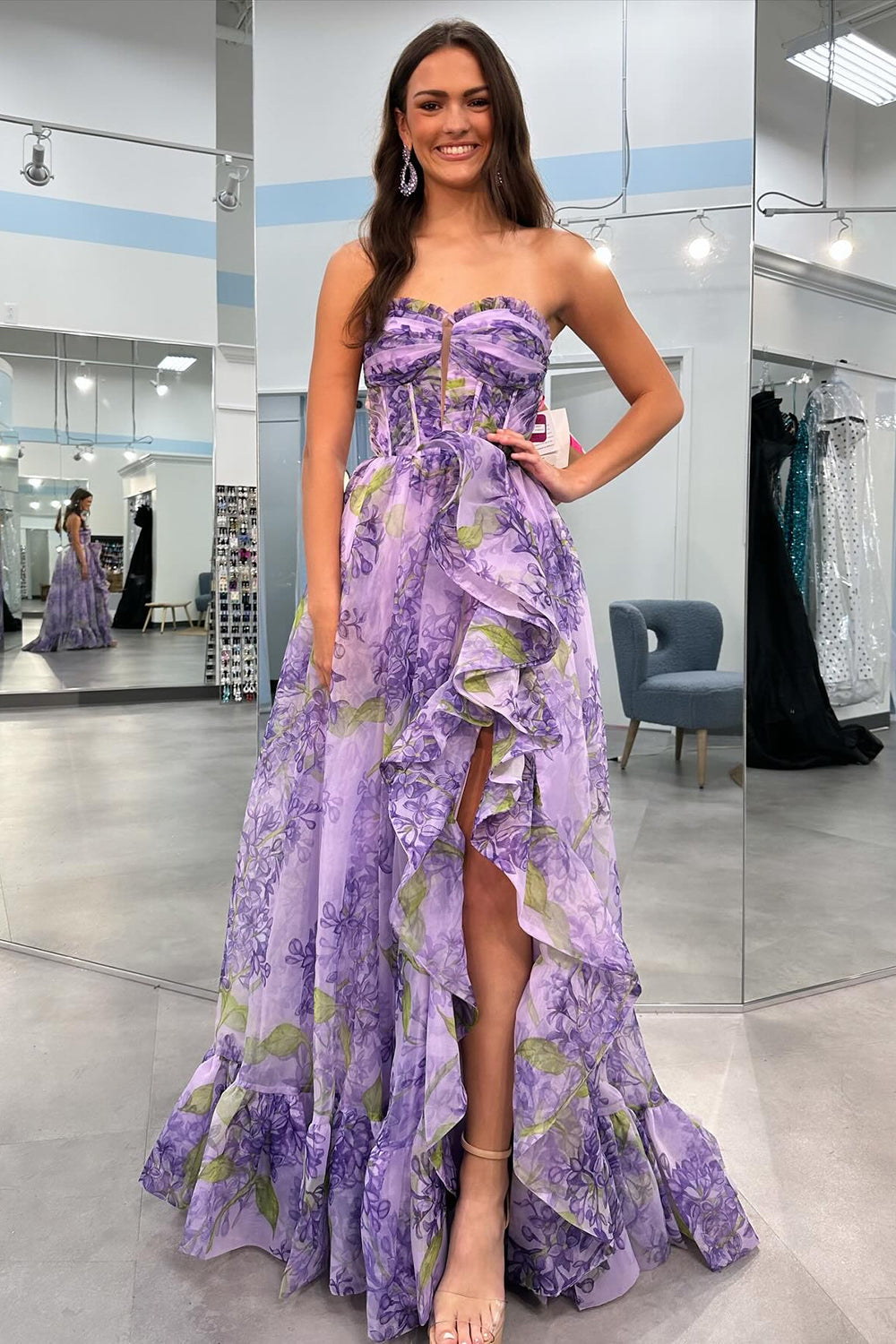Lilac Prom Dress A Line Corset Detachable Sweetheart Floral Long Evening Dress with Ruffles