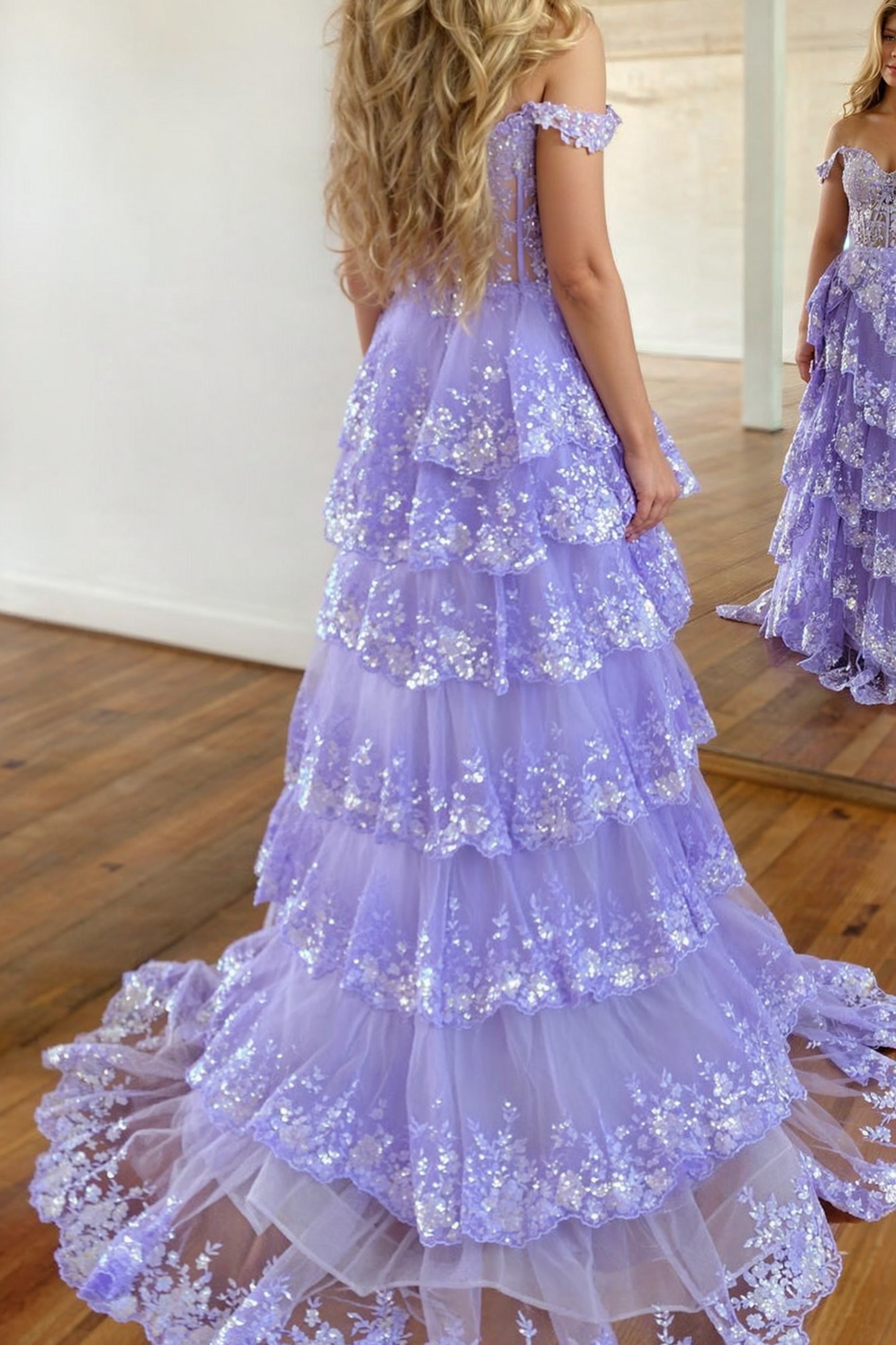 Lavender Prom Dress Princess A Line Off the Shoulder Corset with Lace Ruffles Evening Dress