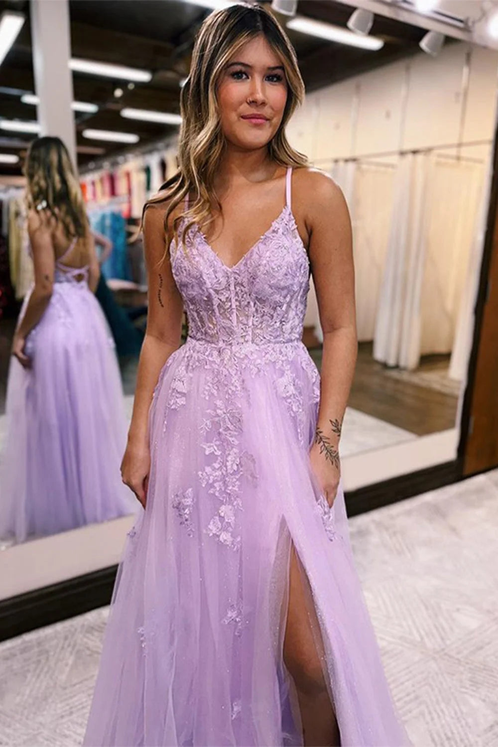 Lilac Prom Dress A Line Spaghetti Straps Lace Long Evening Dress with Slit