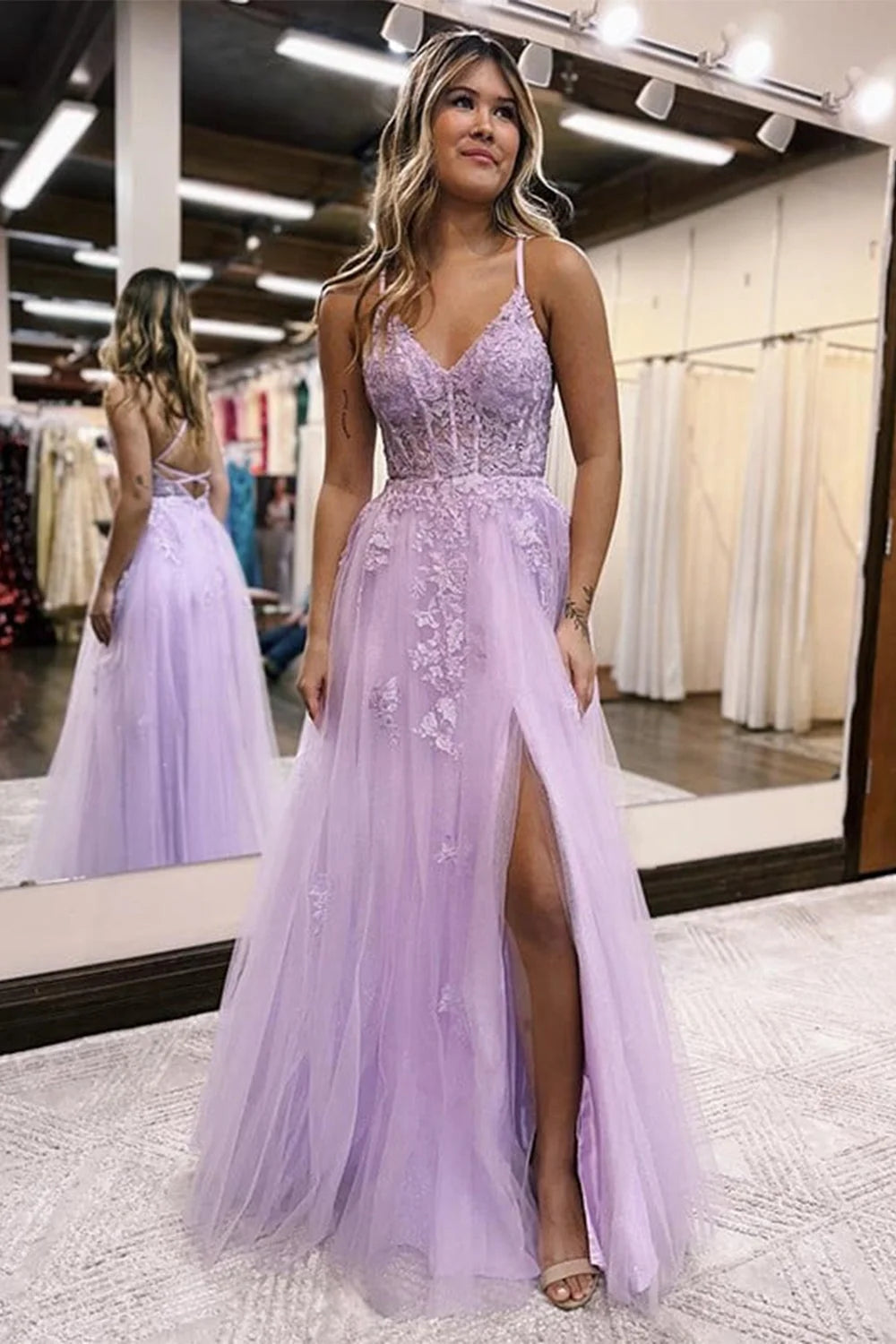Lilac Prom Dress A Line Spaghetti Straps Lace Long Evening Dress with Slit