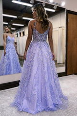 Lilac Prom Dress A Line Spaghetti Straps Long Evening Dress with Appliques
