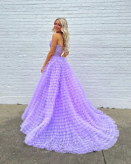 Lilac Prom Dress A Line Tiered Sweetheart Long Corset Evening Dress with Ruffles