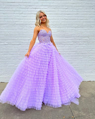 Lilac Prom Dress A Line Tiered Sweetheart Long Corset Evening Dress with Ruffles