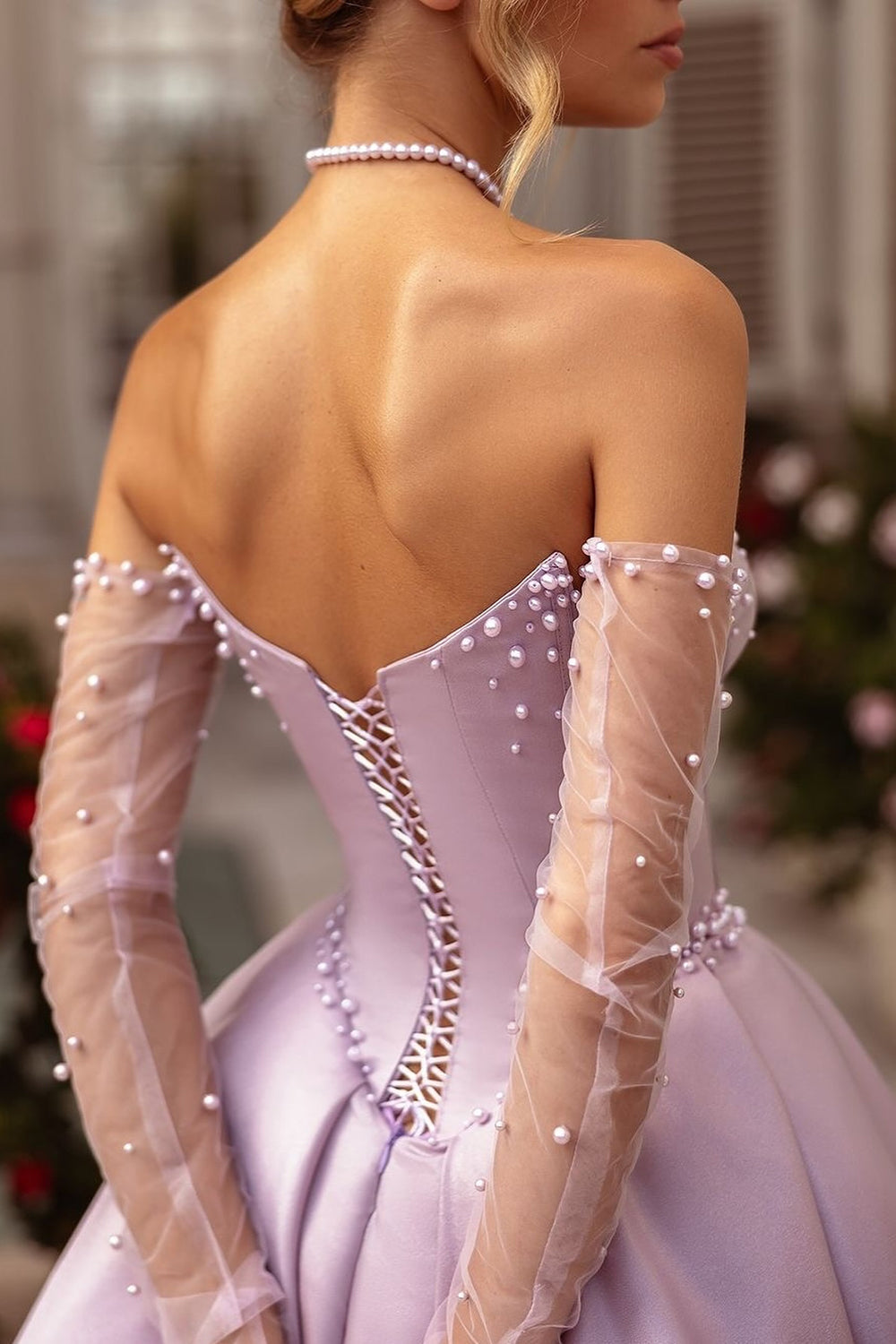 Lilac Prom Dress Beaded A Line Sweetheart Corset Evening Dress with Slit