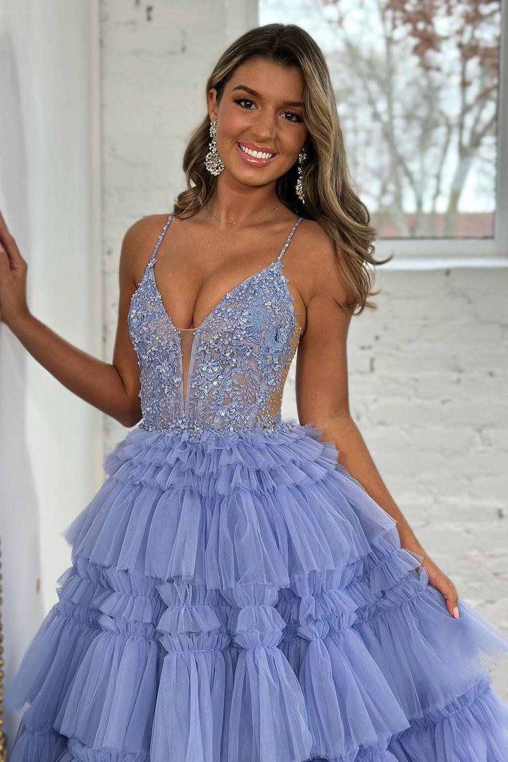 Lilac Prom Dress Corset Beaded Long Tiered Evening Dress with Slit