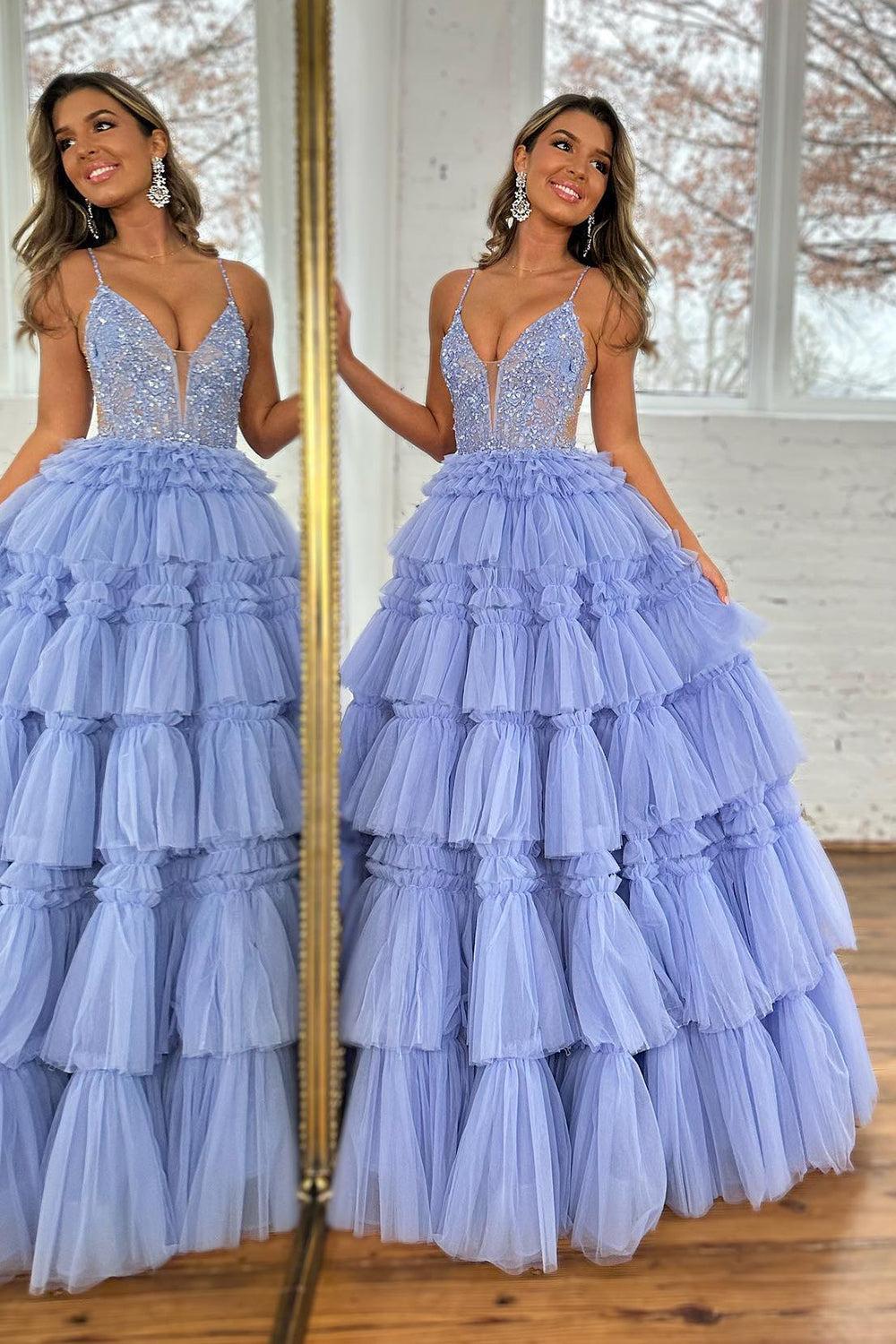 Lilac Prom Dress Corset Beaded Long Tiered Evening Dress with Slit